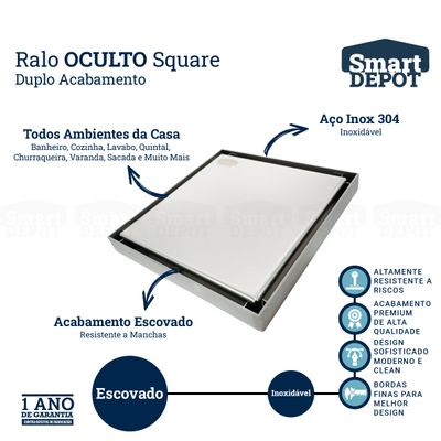 Ralo Oculto Invisivel Inox Escovado Quadrado 20x20cm Smart Depot Ralo Escondido Para Banheiro Lavabo