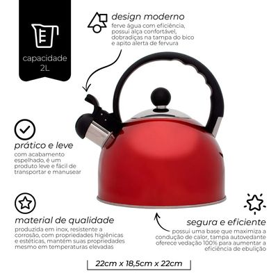 Chaleira Inox Vermelha Com Apito 2 Litros Mimo Style Bule De Chá Para Ferver Água Jarra Portátil Com Alça