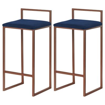 Kit 2 Banqueta Decorativa Selena Base Bronze Veludo Azul - Gran Belo
