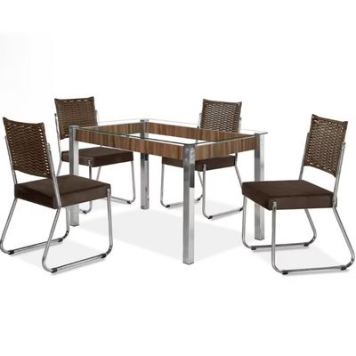 Mesa de Jantar Aço Nobre Claudia com Tampo Kanon e 4 Cadeiras Nogal/Chocolate/Marrom