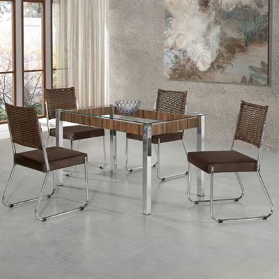 Mesa de Jantar Aço Nobre Claudia com Tampo Kanon e 4 Cadeiras Nogal/Chocolate/Marrom