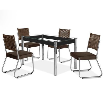 Mesa de Jantar Aço Nobre Claudia com Tampo Kanon e 4 Cadeiras Preto/Chocolate/Marrom