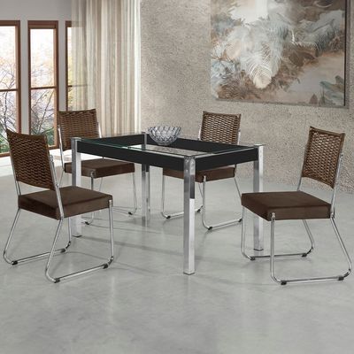 Mesa de Jantar Aço Nobre Claudia com Tampo Kanon e 4 Cadeiras Preto/Chocolate/Marrom