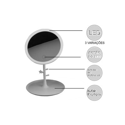 Espelho de Mesa Com Bandeja e Iluminação em Led Recarregável Via USB Botão Touch Ajuste de Ângulo