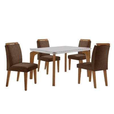 Conjunto Mesa Liz 120cm Com Vidro Cp 4 Cadeiras Athenas Moderna Veludo Marrom Off White Imbuia
