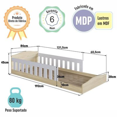 Cama Infantil de Chão Montessoriana Solteiro Colchão Proteção Carvalho Araguaia
