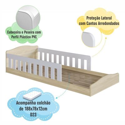 Cama Infantil de Chão Montessoriana Solteiro Colchão Proteção Carvalho Araguaia