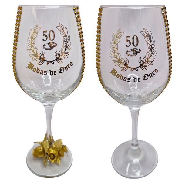 Kit 2 Taças Vidro Bodas de Ouro 50 Anos Luxo Rosa Kit 2 Taças Vidro Bodas de Ouro 50 Anos Luxo Rosa