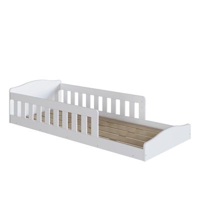 Cama Infantil De Chão Montessoriana De Solteiro Menino Menina Com Colchão E Grade Proteção Branco
