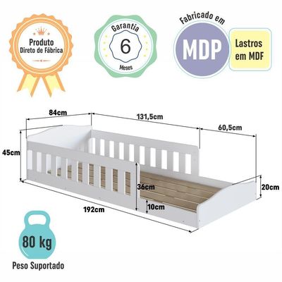Cama Infantil De Chão Montessoriana De Solteiro Menino Menina Com Colchão E Grade Proteção Branco
