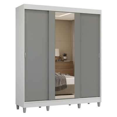 Guarda-roupa Casal Com Pés 3 Portas De Correr Com Espelho Branco/cinza Reno Madesa