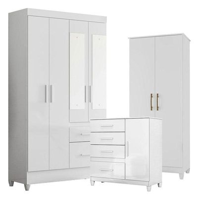 Guarda Roupa Com Espelho Infantil Sobral Com Cômoda Vênus Com Pés E Multiuso Jade Branco Brilho – Moval