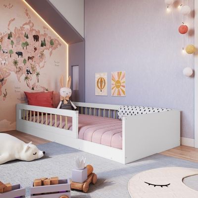 Cama Infantil de Chão com Colchão Montessoriana Solteiro Proteção Branca