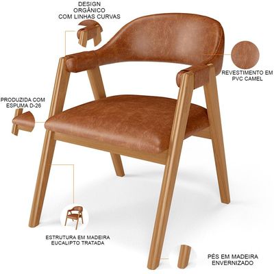 Kit 02 Cadeiras de Jantar e Estar Living Estofada Nadja L02 Couríssimo Camel - Lyam Decor