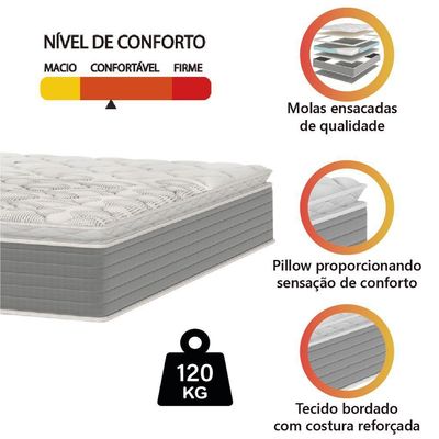 Colchão Casal Molas Ensacadas Pillow Top 138x188x25cm Martino Cinza Umaflex Cinza