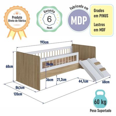 Cama Infantil Montessoriana Solteiro com Colchão Escada Escorregador Aveiro Oak