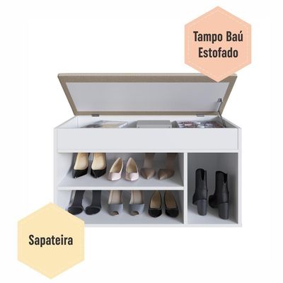 Sapateira Banco Baú Organizador 81cm 7 Pares Com Tampo Estofado Branca