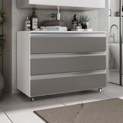 Gabinete Banheiro Rodinhas Joia 80cm 03 Gavetas Branco Cinza