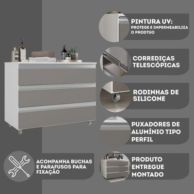 Gabinete Banheiro Rodinhas Joia 80cm 03 Gavetas Branco Cinza