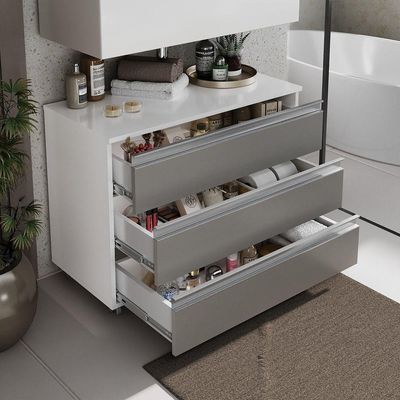 Gabinete Banheiro Rodinhas Joia 80cm 03 Gavetas Branco Cinza