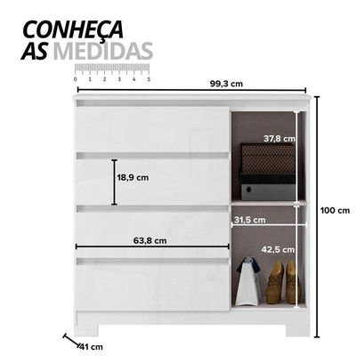 Cômoda Para Quarto Com 4 Gavetas E Armário - Vega Branco