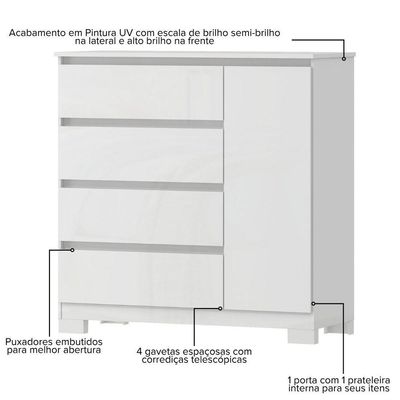 Cômoda Para Quarto Com 4 Gavetas E Armário - Vega Branco