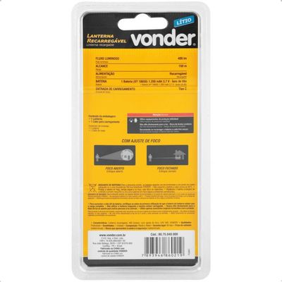Lanterna Recarregável 400 Lumens Ajuste De Foco Lrv400 Vonder