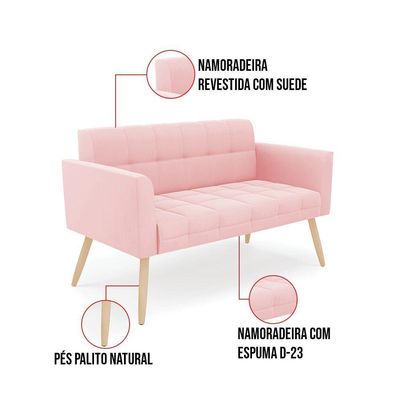 Sofá Namoradeira Elisa Suede Pés Palito Natural - D'rossi Cor Rosa Bebê