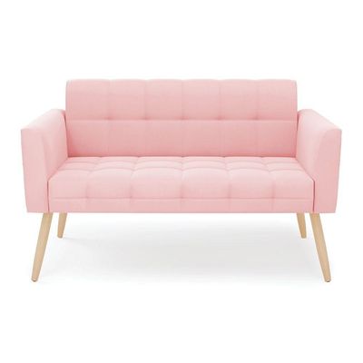 Sofá Namoradeira Elisa Suede Pés Palito Natural - D'rossi Cor Rosa Bebê