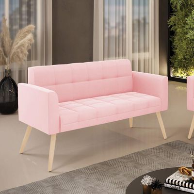 Sofá Namoradeira Elisa Suede Pés Palito Natural - D'rossi Cor Rosa Bebê