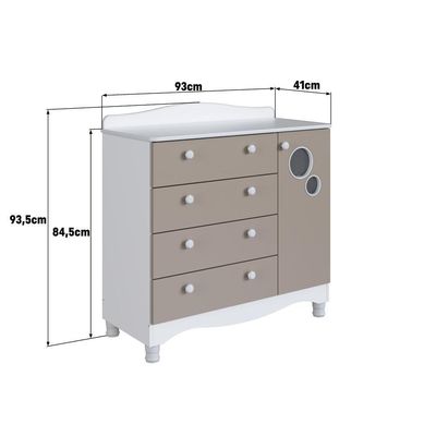 Cômoda Infantil 4 Gavetas Porta Prateleira Trocador Bebê Branco com Cinnamon