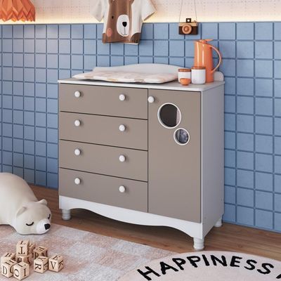Cômoda Infantil 4 Gavetas Porta Prateleira Trocador Bebê Branco com Cinnamon