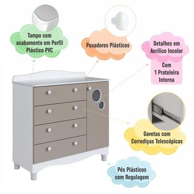 Cômoda Infantil 4 Gavetas Porta Prateleira Trocador Bebê Branco com Cinnamon