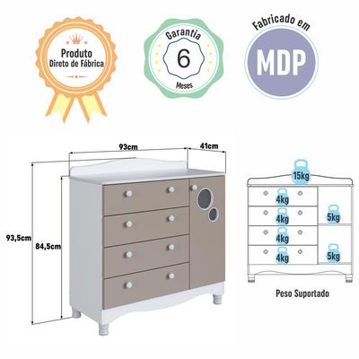 Cômoda Infantil 4 Gavetas Porta Prateleira Trocador Bebê Branco com Cinnamon
