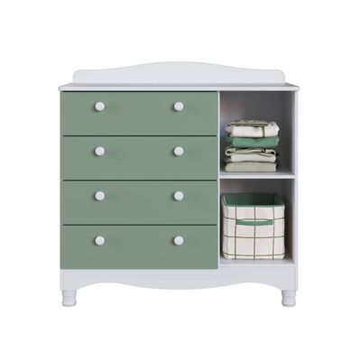 Cômoda Infantil 4 Gavetas Porta Prateleira Trocador Bebê Branco com Verde