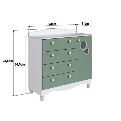 Cômoda Infantil 4 Gavetas Porta Prateleira Trocador Bebê Branco com Verde