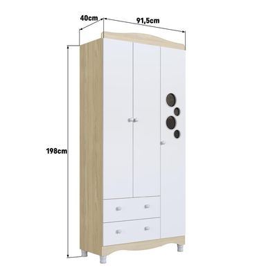 Guarda-roupa Infantil 3 Portas 2 Gavetas Nichos Cabideiro Carvalho Araguaia