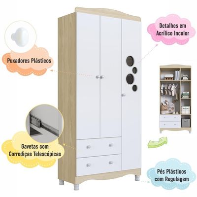 Guarda-roupa Infantil 3 Portas 2 Gavetas Nichos Cabideiro Carvalho Araguaia