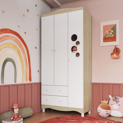 Guarda-roupa Infantil 3 Portas 2 Gavetas Nichos Cabideiro Carvalho Araguaia
