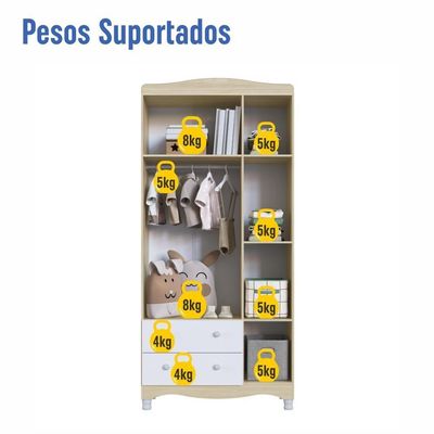 Guarda-roupa Infantil 3 Portas 2 Gavetas Nichos Cabideiro Carvalho Araguaia
