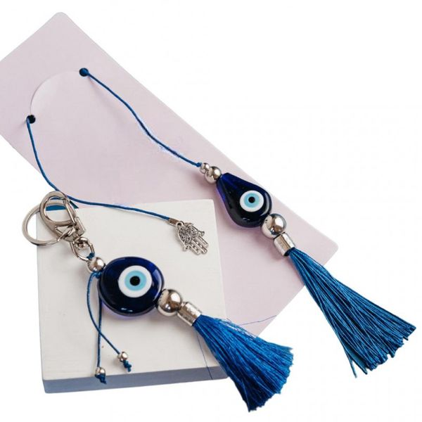 Kit Chaveiro e Guia Olho Grego para Carro Vidro Azul