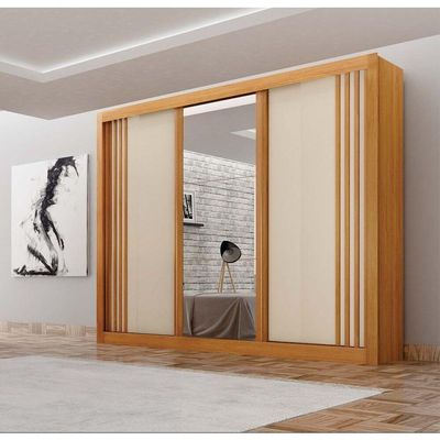 Guarda-roupa Casal 100% Mdf 3 Portas 4 Gavetas Com 3 Espelhos Milano Leifer Móveis Cinamomo/off White