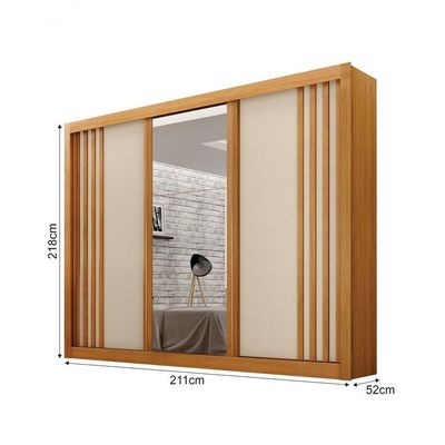 Guarda-roupa Casal 100% Mdf 3 Portas 4 Gavetas Com 3 Espelhos Milano Leifer Móveis Cinamomo/off White
