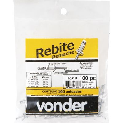 Rebite Repuxo De Alumínio 6,2x16,0mm Mandril Aço Com 100 Peç