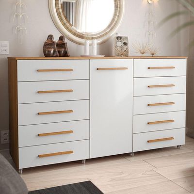 Cômoda Imperial 1 Porta 10 Gavetas Com Rodízio Batrol Freijo Com Off White