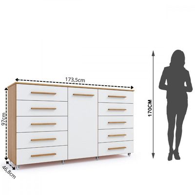 Cômoda Imperial 1 Porta 10 Gavetas Com Rodízio Batrol Freijo Com Off White