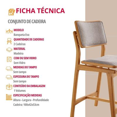 Conjunto Com 2 Banquetas Eva Moderna Brisa Imbuia Natural.