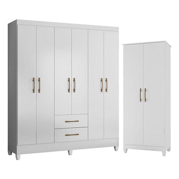 Guarda Roupa Casal Panamá E Armário Multiuso Jade Branco Brilho – Moval