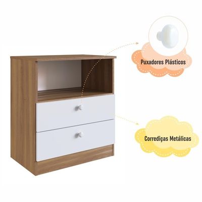 Cômoda Infantil Organizadora 2 Gavetas Com Nicho 60,8cm Para Quarto De Bebê Nogal Com Branco