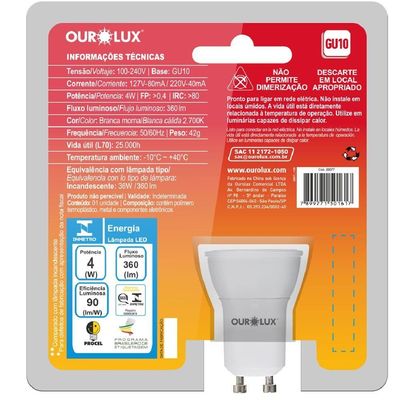 Lâmpada Superled Mr16 Gu10 De 4 Watts E 2700k - 20077 - Ourolux Lâmpada Superled Gu10 4w Bivolts 2700k - 20077 - Ourolux